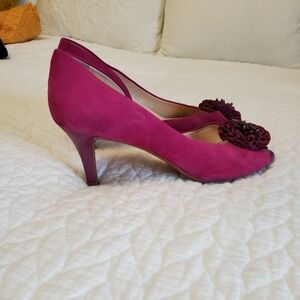 Alex Marie pink suede heels with a bow front. Size 6.5